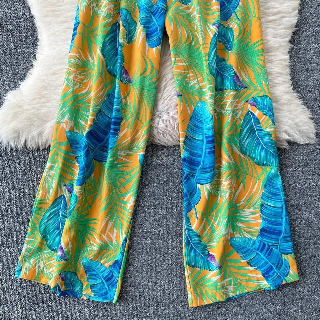 Square Neck Loose Pleated Jumpsuit with Ruffles Backless Design Wide Leg Long Pants Elegant Chic Printed Playsuit for Women