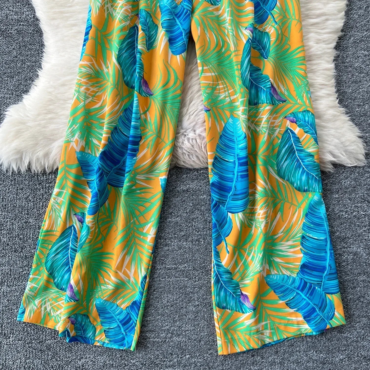 Square Neck Loose Pleated Jumpsuit with Ruffles Backless Design Wide Leg Long Pants Elegant Chic Printed Playsuit for Women