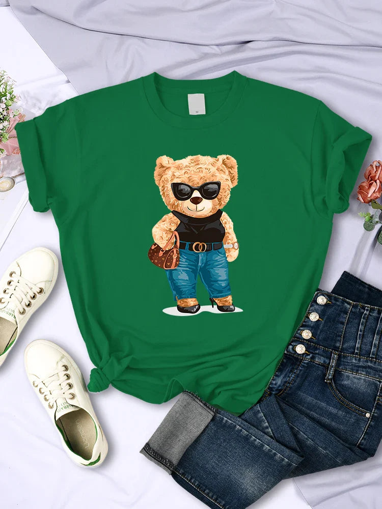 Fashion Teddy Bear Graphic T-Shirt for Women Casual Hip Hop Short Sleeves O-Neck Breathable Summer Tee