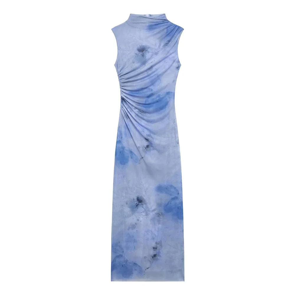 Slimming Printed Sleeveless Dress With Stand Up Collar