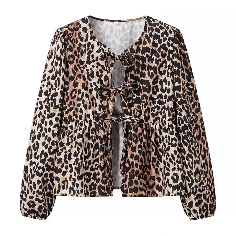 Women's Leopard Print Lace-Up Vintage Blouse Casual Loose Fit Y2K Chic Shirt