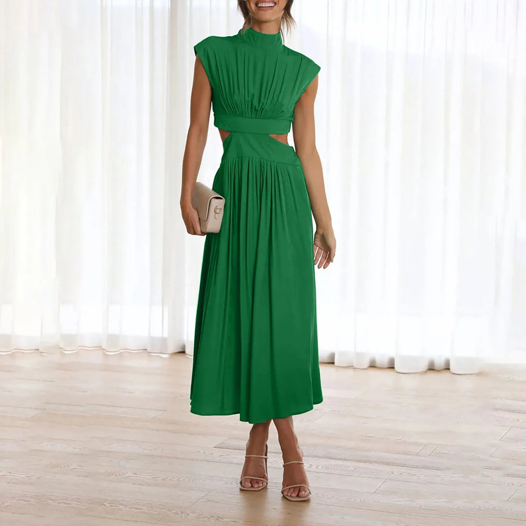 Solid Color High Waist Maxi Dress Sleeveless With Pockets