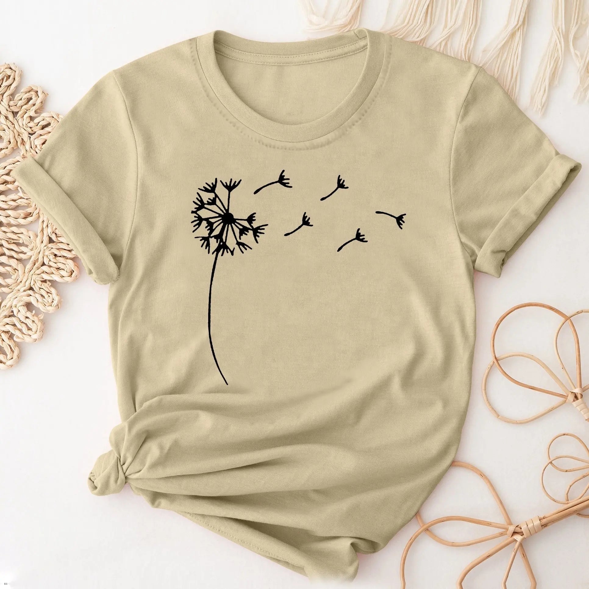 Dandelion Print Casual Crew Neck T-Shirt for Women, Short Sleeve Spring and Summer Top