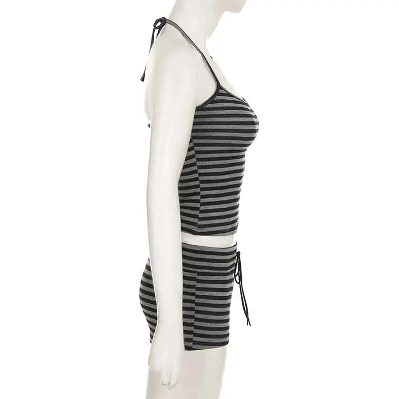 Casual Striped Two Piece Set for Women Slim Fit Backless Bandage Halter Top with Low-Waisted Shorts Summer Lounge Wear