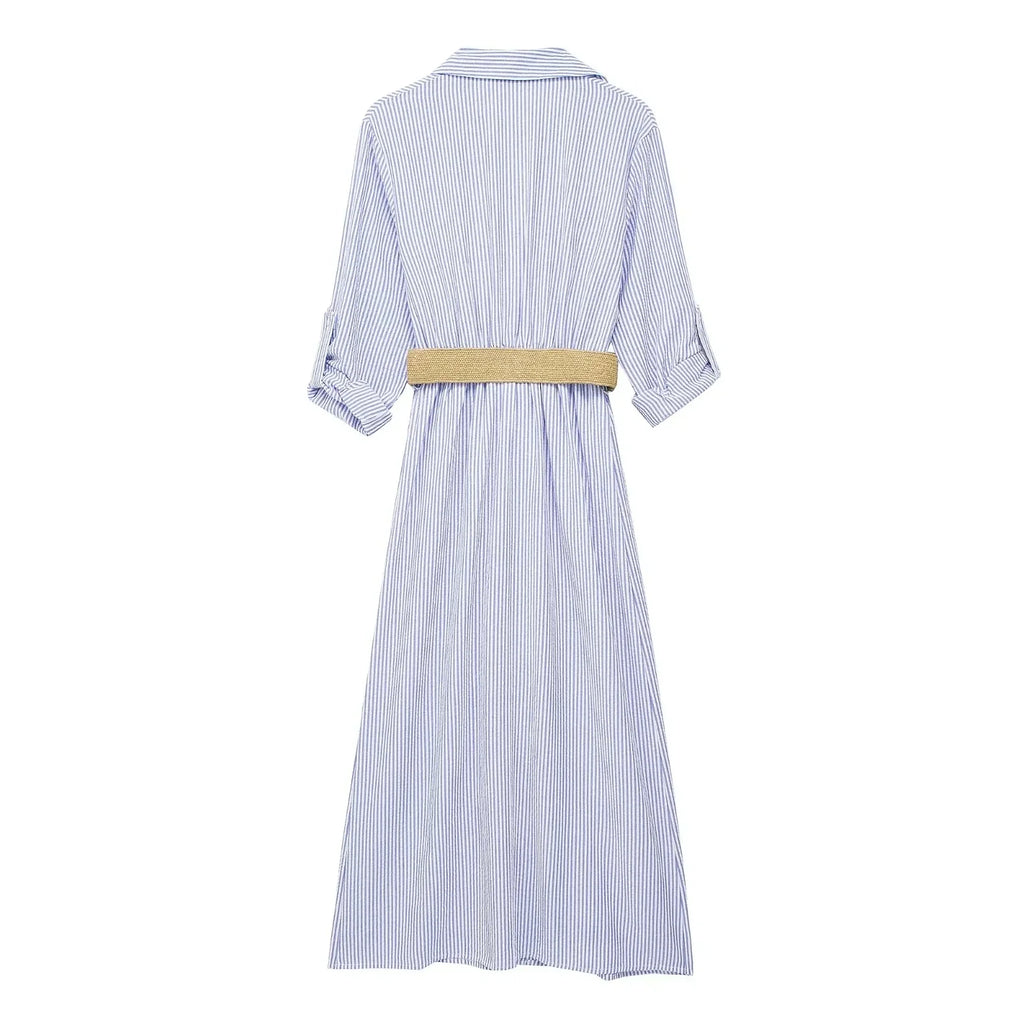 Blue Striped Shirt Dress With Belt Long Sleeve Midi