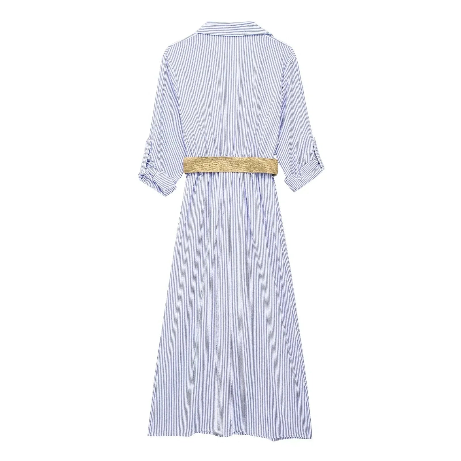 Blue Striped Shirt Dress With Belt Long Sleeve Midi
