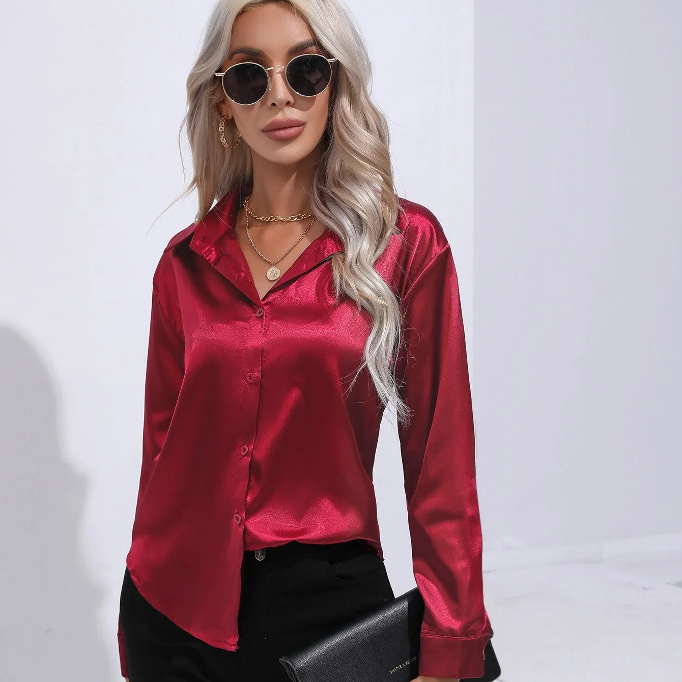 Elegant Autumn Satin Blouse for Women Multicolor Slim Fit Solid Vintage Style Transparent Button Shirt Perfect for Casual and Party Wear