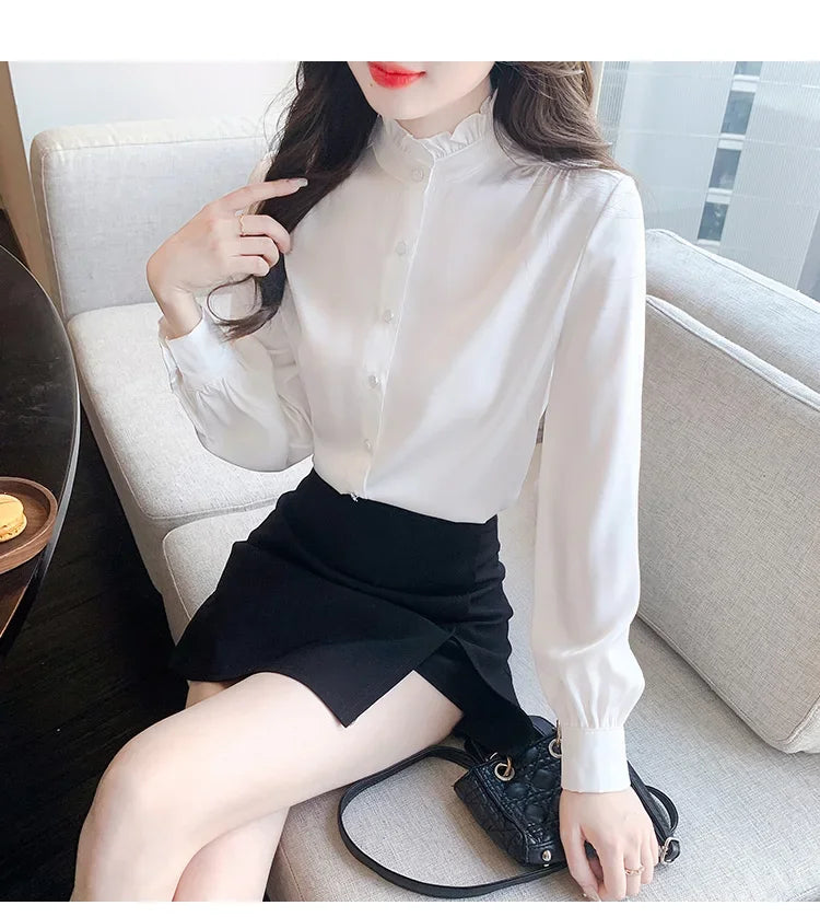 Women's Elegant Long Sleeve Chiffon Blouse with Stand Collar Lightweight White Shirt Top