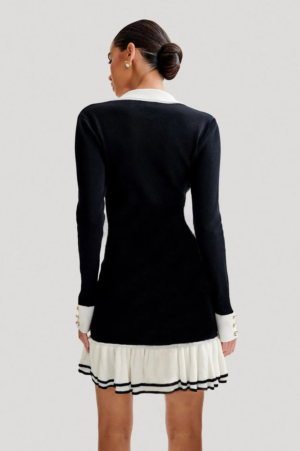 Knitted Dress With Pearl Buckle And Ruffle Edge Sleeves