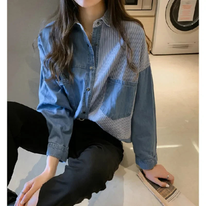 Loose Fit Women's Denim Shirt Long Sleeve Cotton Casual Button-Up Korean Style Autumn Winter Camisa Jeans Shirt
