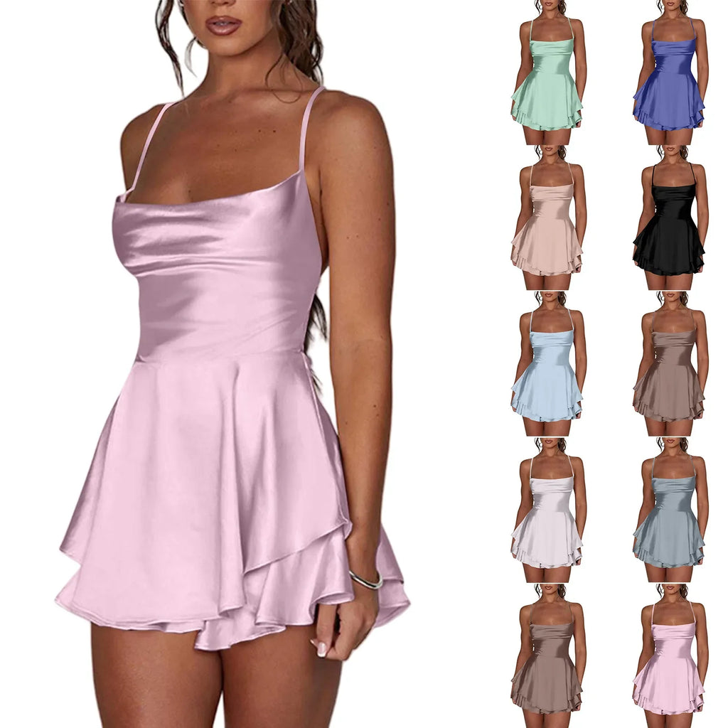 Backless Satin Party Dress With Cowl Neck Spaghetti Straps