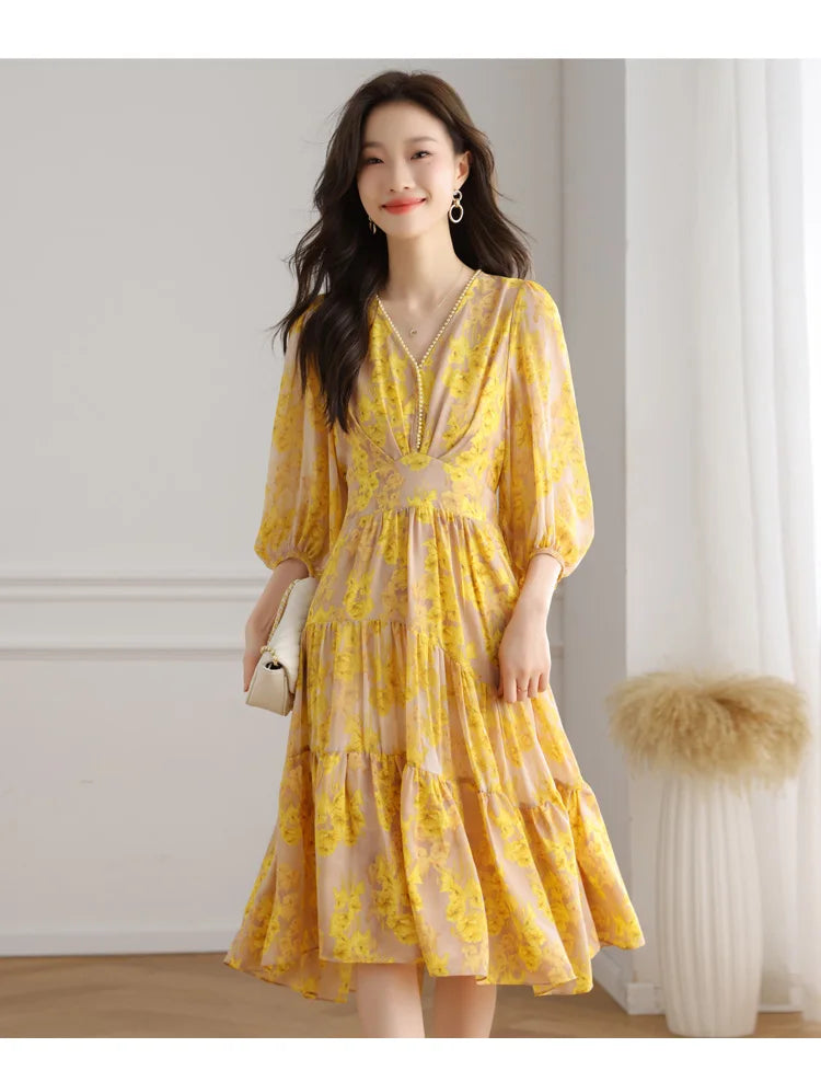 Floral Chiffon Dress For Women V Neck A Line Dress