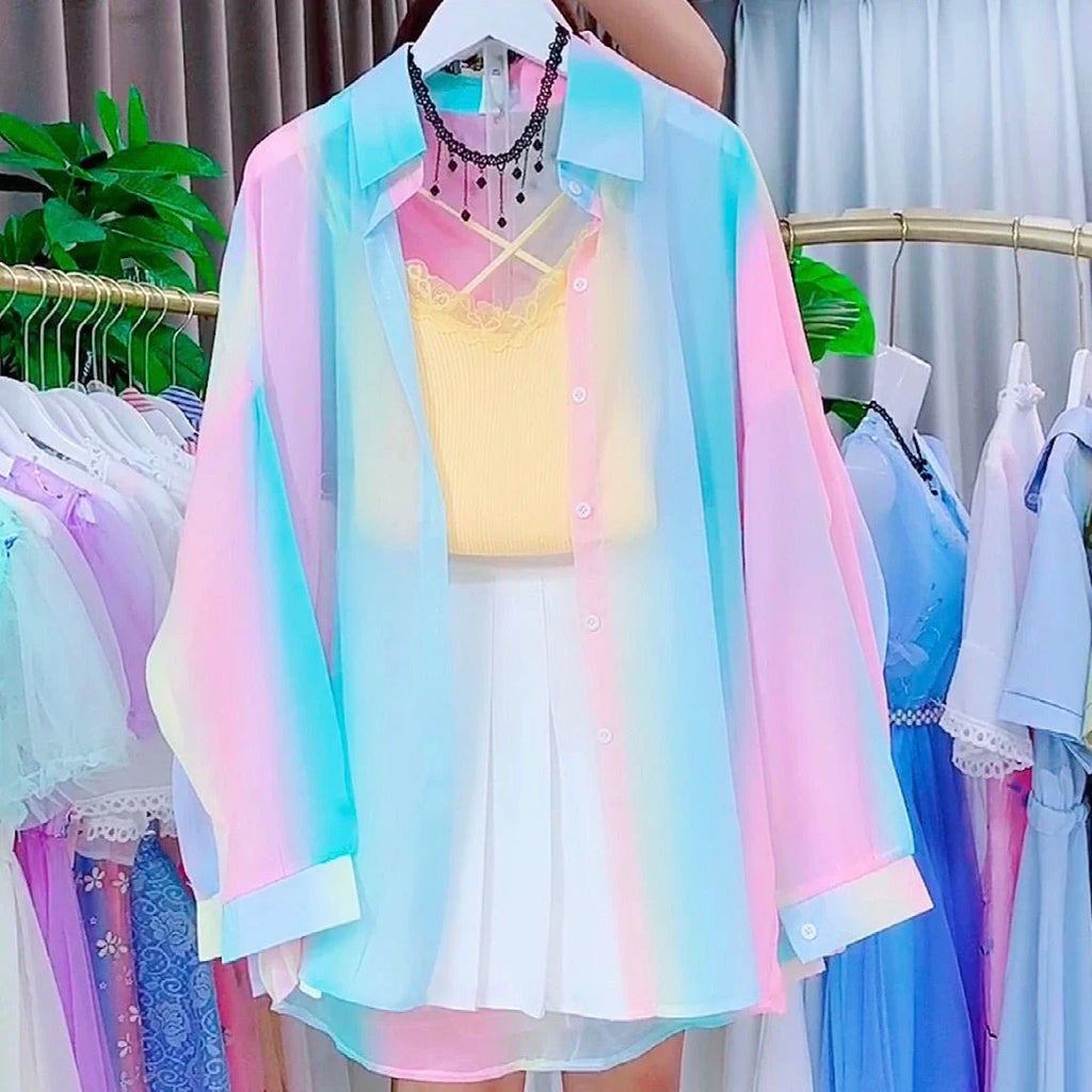 Sheer Long Sleeve Gradient Rainbow Blouse Casual Loose Fit Office Shirt for Women