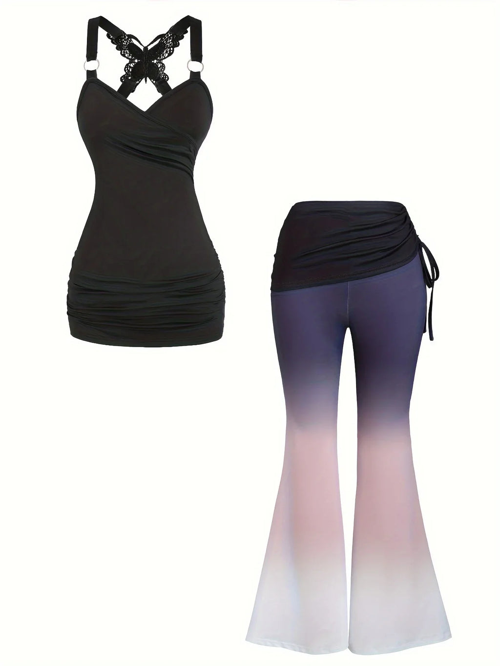 Butterfly Lace Cross Vest and Drawstring Wide-Leg Trousers Two-Piece Suit for Women