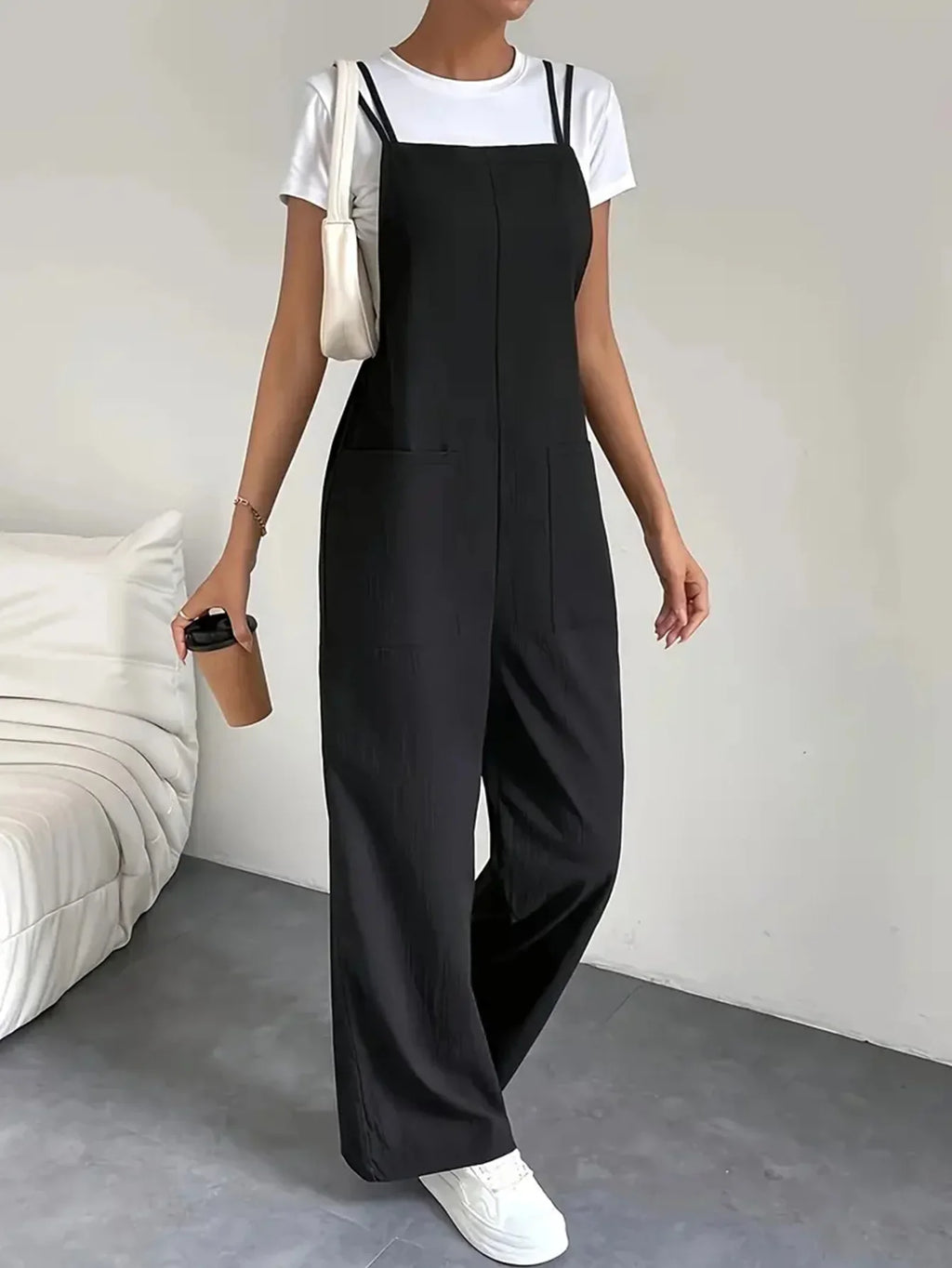 Casual Women's Pure Black Jumpsuit with Pockets and Adjustable Shoulder Straps Slim Fit Straight Leg Wide Leg Workwear Pants