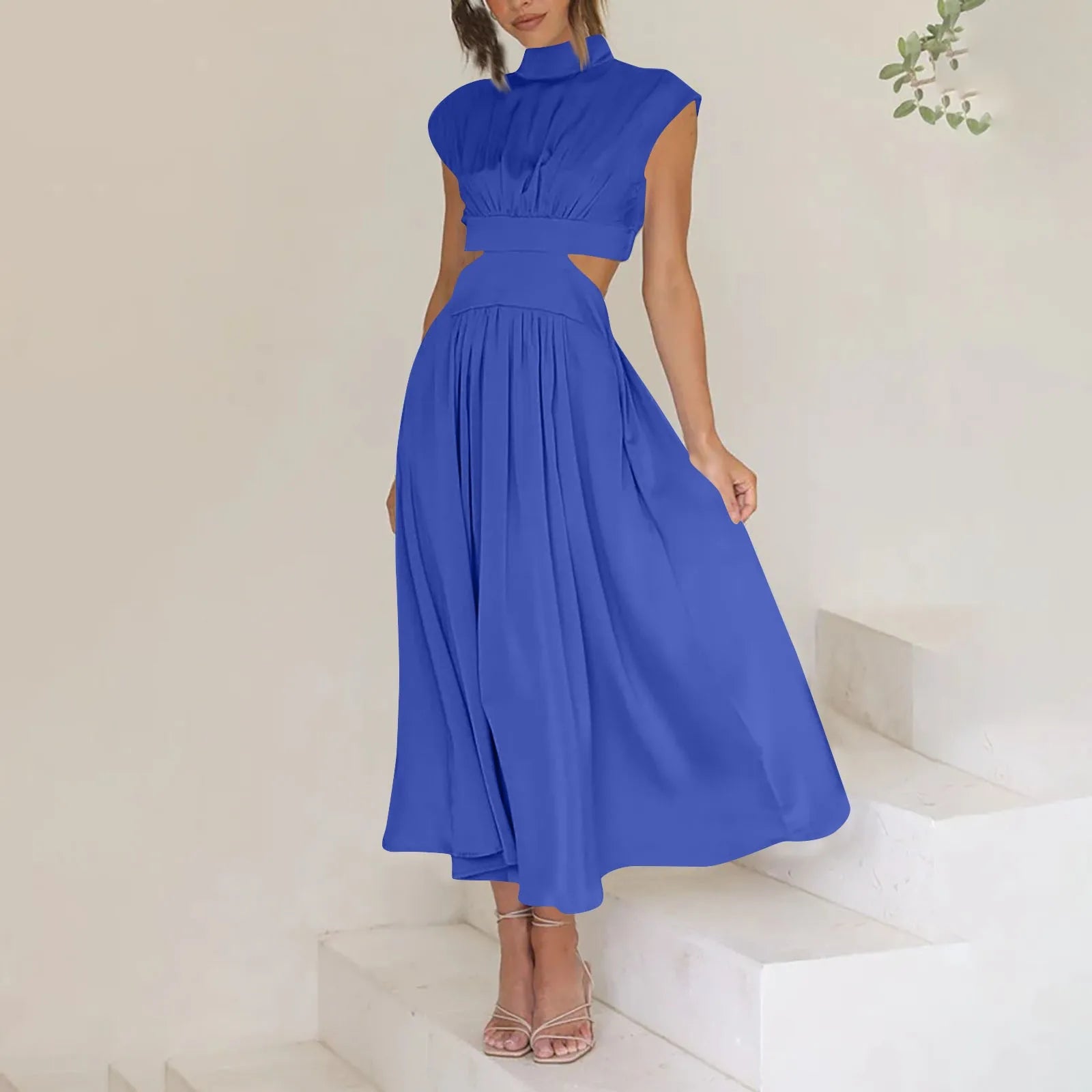 Solid Color High Waist Maxi Dress Sleeveless With Pockets