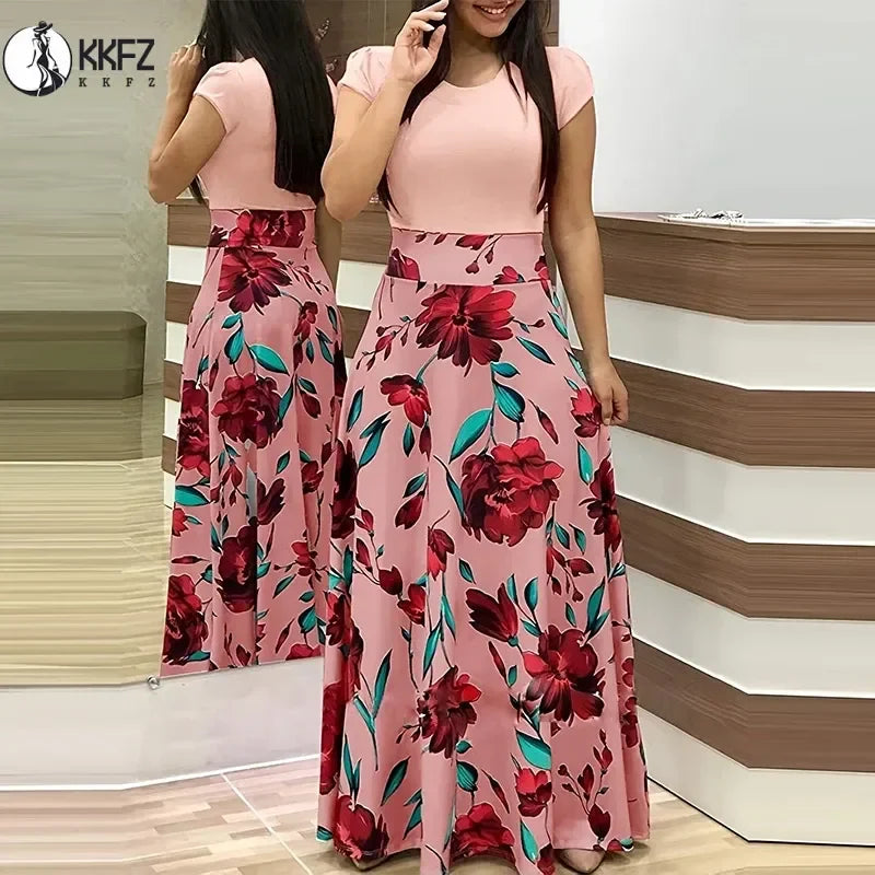 Printed Pleated Maxi Dress With Crew Neck Short Sleeves