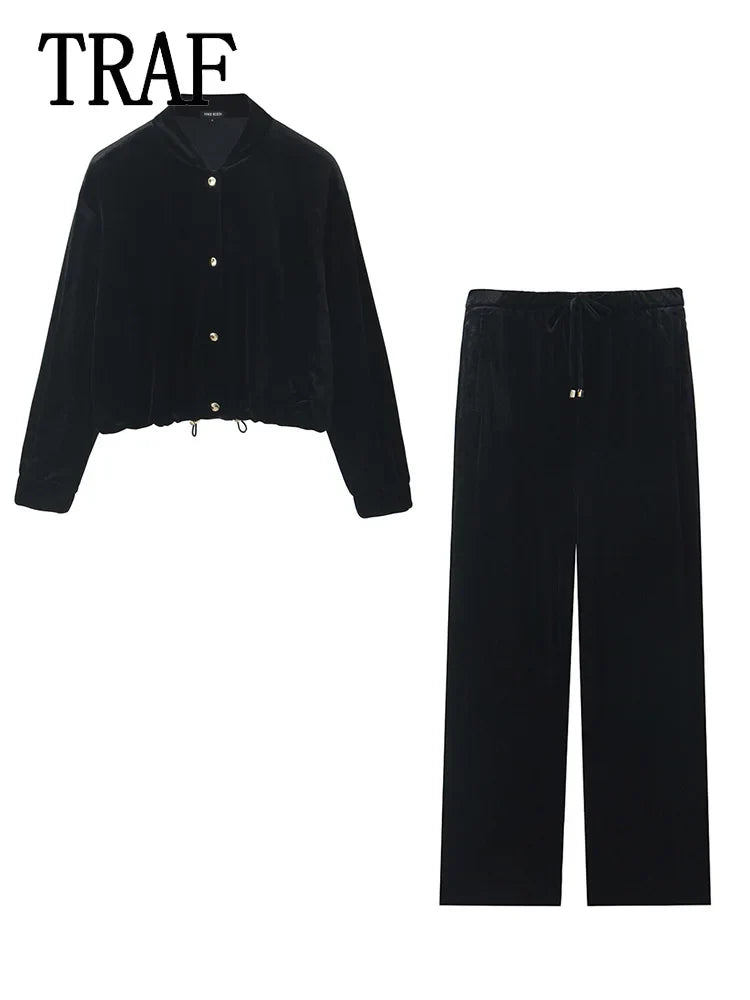 Women's Fashion Velvet Trouser Set with Wide Leg Pants and Long Sleeve Coat Top for Stylish Streetwear Outfit