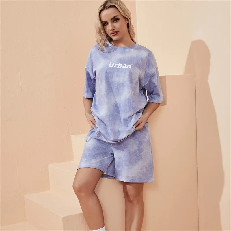 2Piece Women's Tie Dye T-Shirt and Wide Leg Shorts Set Casual Loose Fit Soft Summer Outfit with Pockets