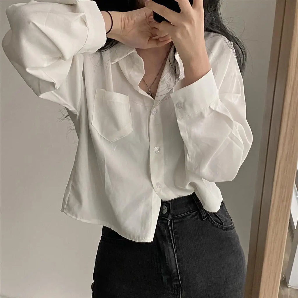 Simple Single Breasted Loose Long Sleeve Shirt Blouse Casual Elegant Solid Color Short Top