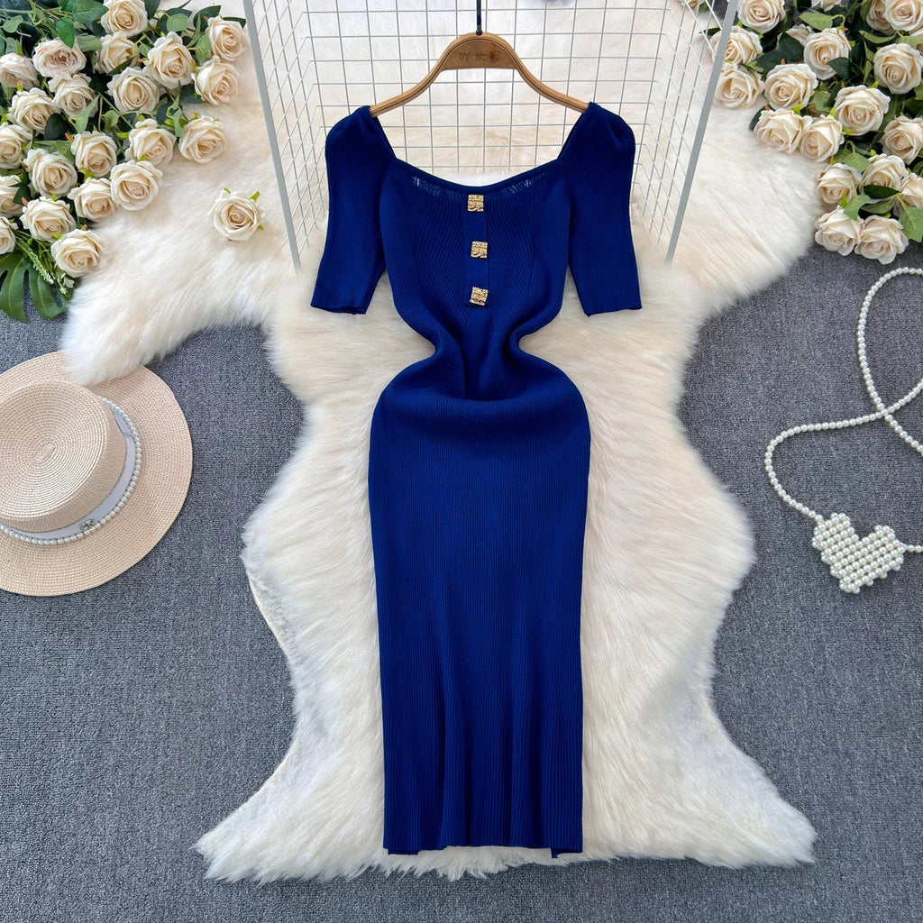 Knitted Bodycon Dress Women Square Collar Summer Long Dress