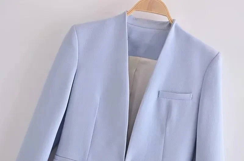 Light Blue Blazer Suit Set for Women with V Neck Loose Jacket and High Waist Sashed Pants Fashionable Autumn Outfit