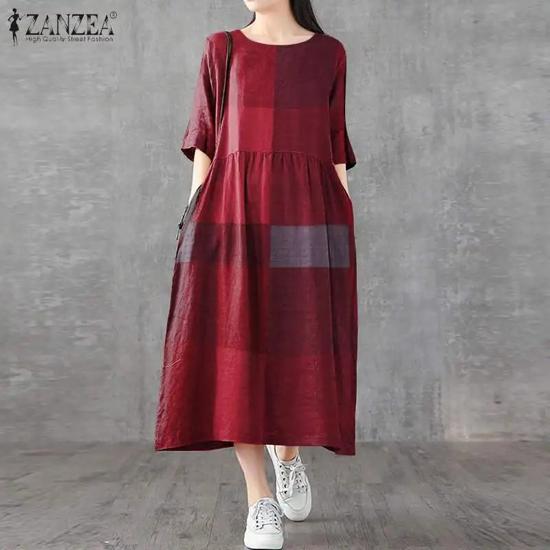 Cotton Linen Plaid Midi Sundress With Pockets O Neck
