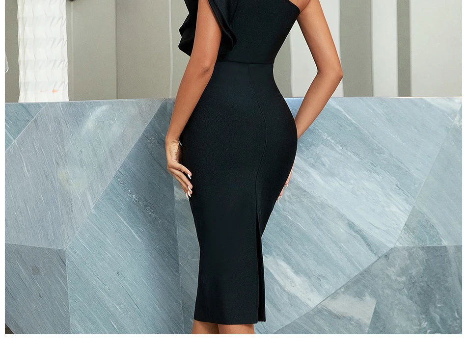 One Shoulder Black Bodycon Bandage Dress Midi For Party