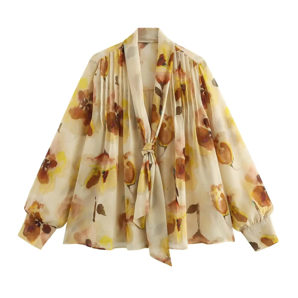 Women's Fashionable Loose Floral Print Semi Transparent Lapel Tie Long Sleeve Shirt for Spring