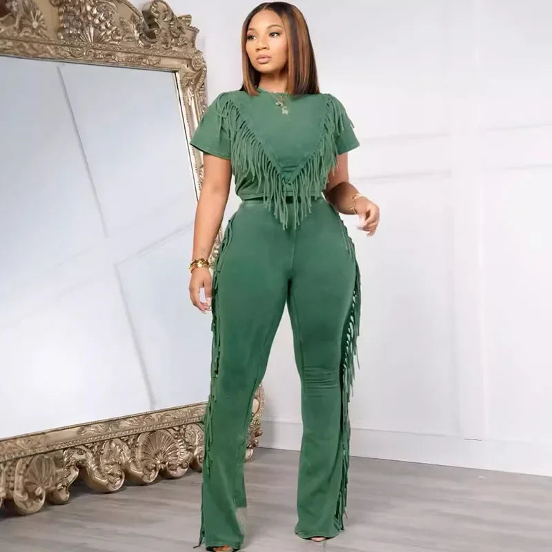 Tassel Two Piece Set for Women Casual Streetwear T-Shirt Top and Flare Pants Tracksuit