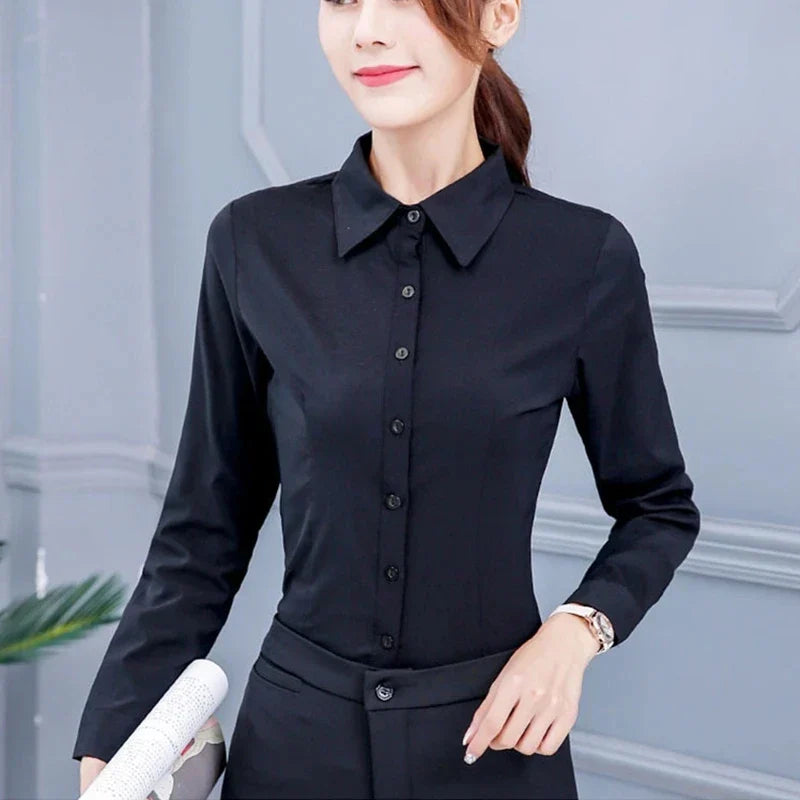 Women's Classic White and Pink Long Sleeve Shirts Elegant Blouses Basic Casual Tops for Ladies