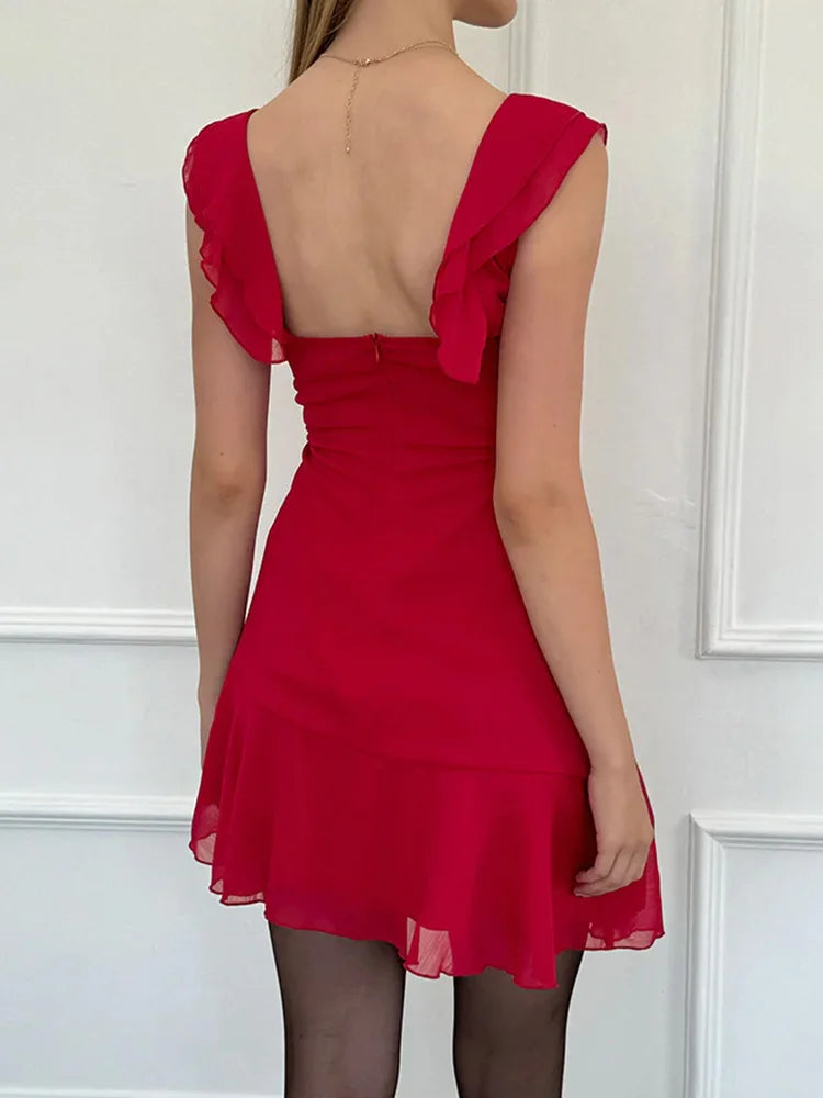Sexy Tassels Patchwork Chiffon Mini Dress Sleeveless Zipper