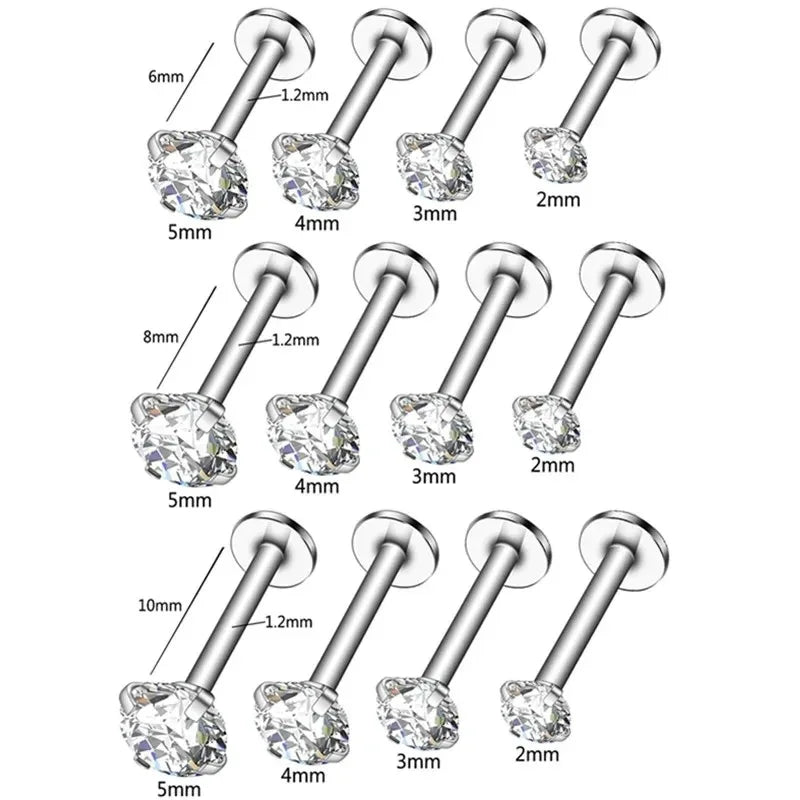 10Pcs 16G Stainless Steel Labret Lip Studs Set with CZ Crystal for Ear Cartilage and Tragus Piercings