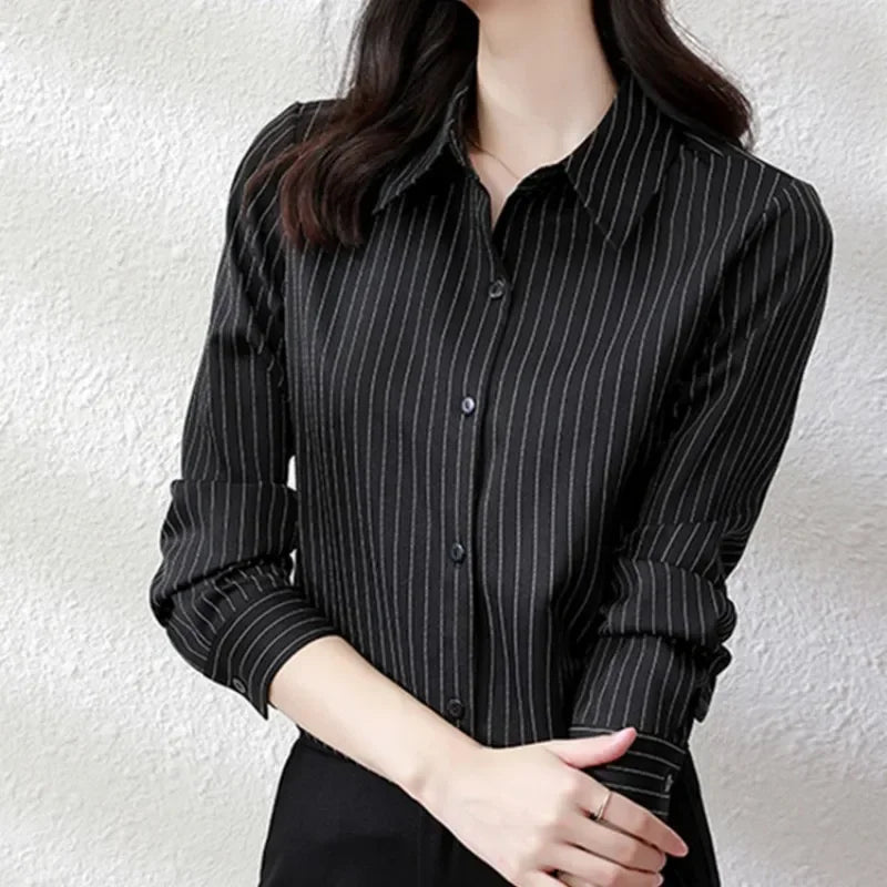 Striped Long Sleeve Women Shirt Button Up Blouse Lightweight Chiffon Tops Elegant Casual Office Wear