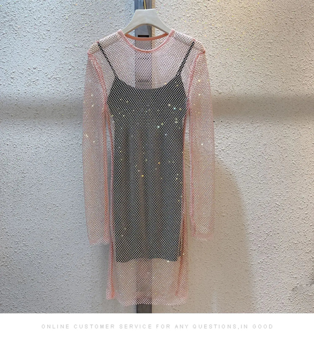 See Through Rhinestone Dress Round Neck Long Sleeve