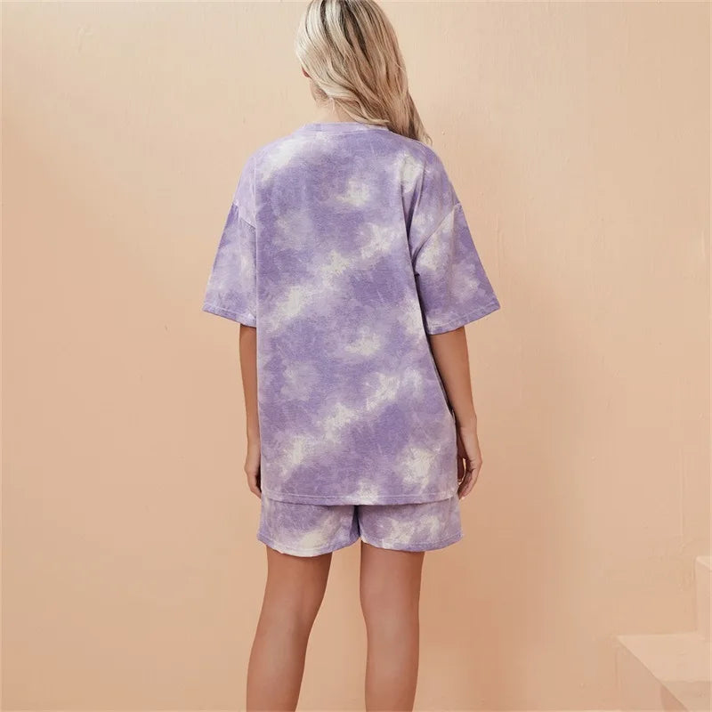 2Piece Women's Tie Dye T-Shirt and Wide Leg Shorts Set Casual Loose Fit Soft Summer Outfit with Pockets