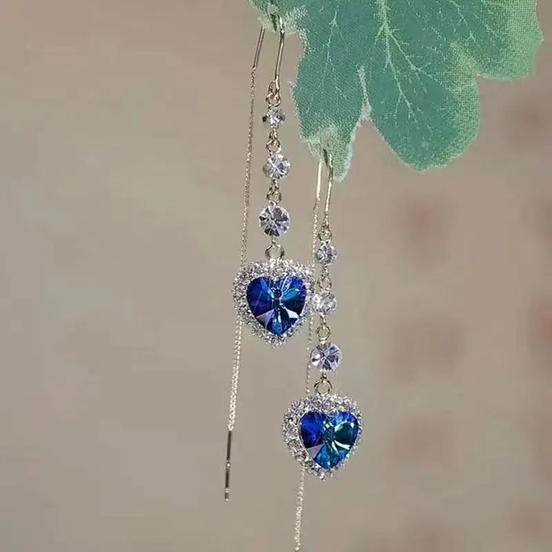 Blue Heart Shaped Zircon Dangle Earrings for Women with Long Tassel Design Perfect for Weddings and Parties