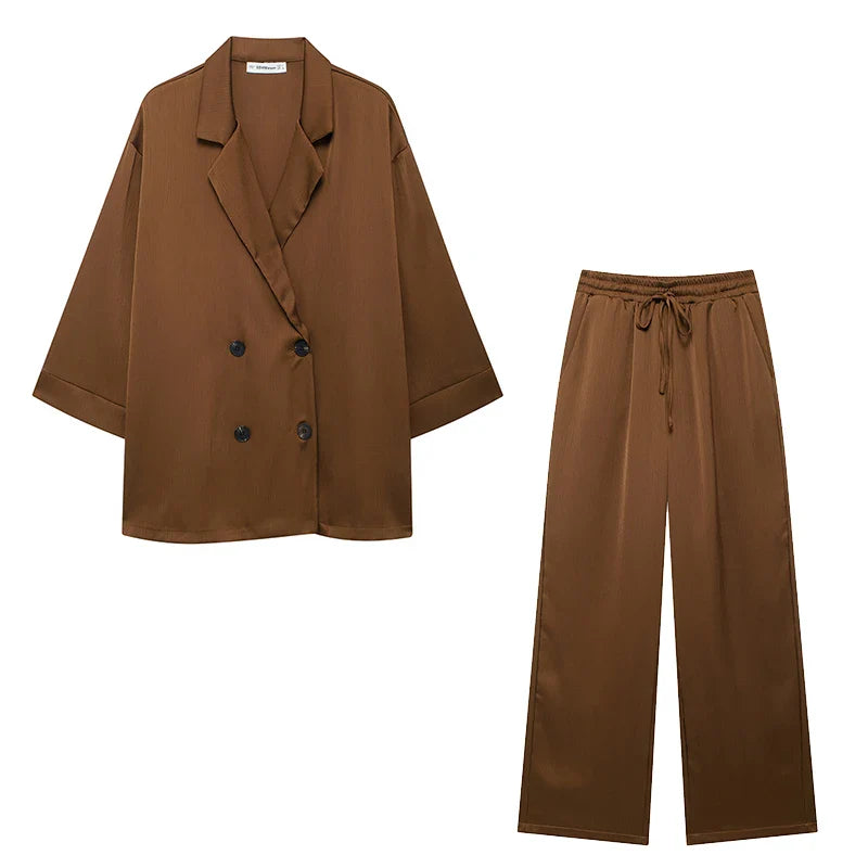 Chic Women's Two Piece Set with Solid Double Breasted Blazer and Vintage Elastic Waist Trousers for Effortless Style