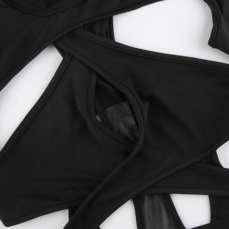 Gothic Sexy Solid Color Hollow Out Jumpsuit for Women Long Sleeve Cyberpunk Patchwork Bodysuit Streetwear Emo Alternative Rave Outfit