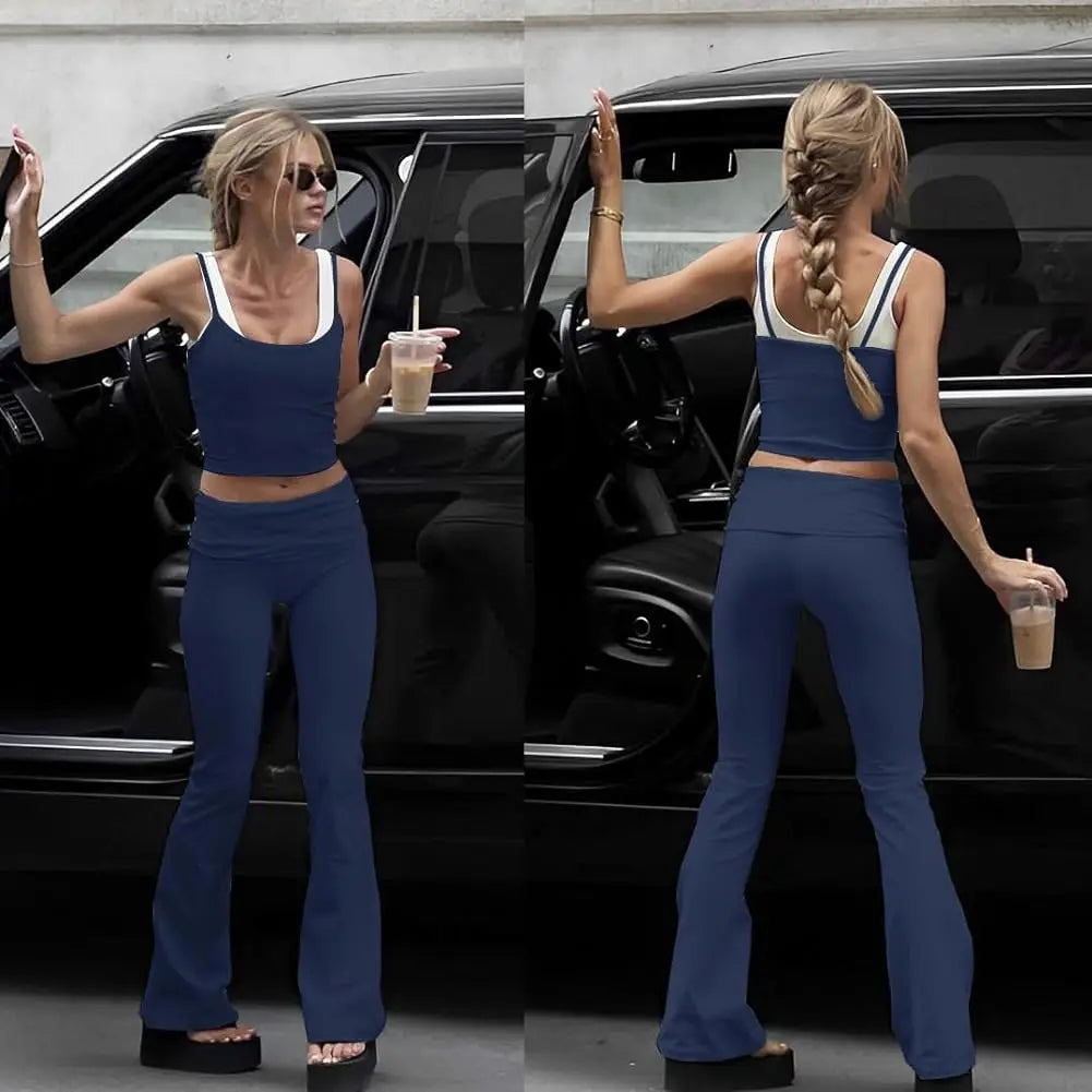 Casual Workout Two Piece Sets for Women Short Sleeve Crop Top and High Waist Flare Pants Tracksuit