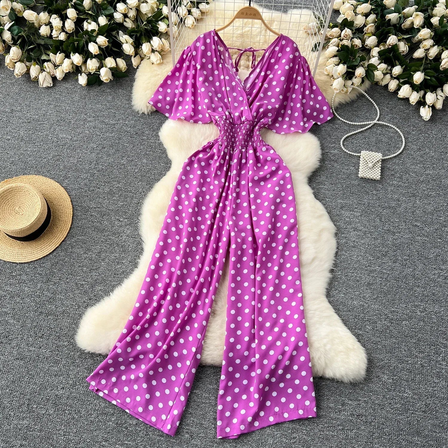 Elegant Polka Dot Romper for Women V-Neck Short Sleeve High Waist Wide Leg Jumpsuit Loose Fit Summer Playsuit