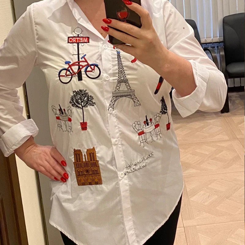 Women's Spring Autumn Cotton Blouse White Embroidered Long Sleeve Button-Up Shirt with Turn-Down Collar Casual Loose Fit Top