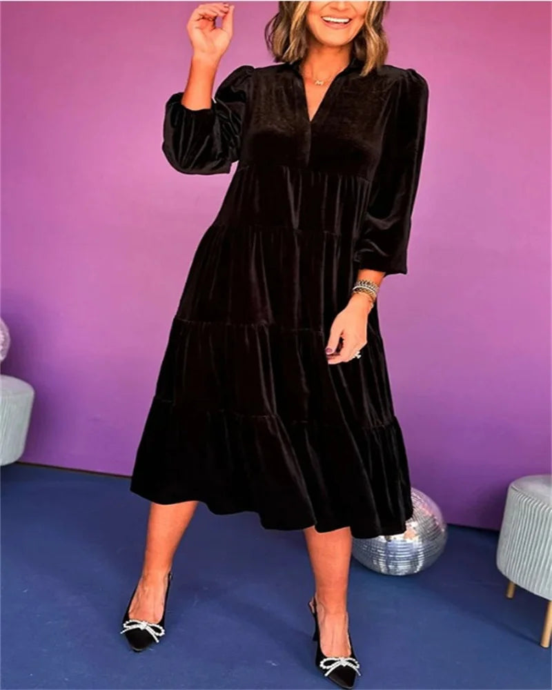 Velvet V Neck Maxi Dress With Ruffle Hem For Women Chic