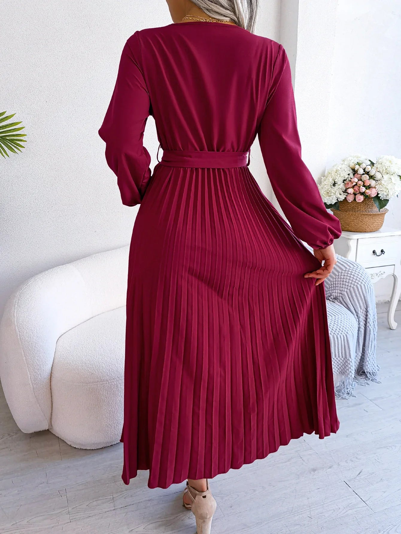Elegant Surplice Neck Pleated Maxi Dress With Belt Flair