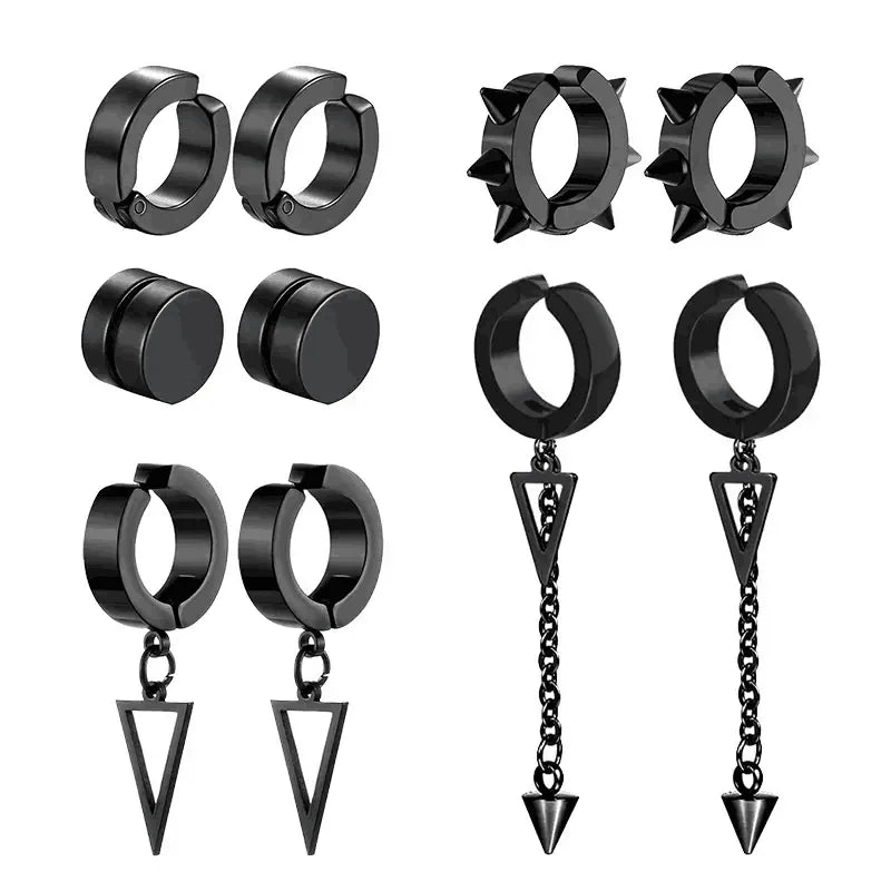 Men's Punk Cross Pendant Stainless Steel Magnetic Earrings Set - 5 Pairs Fashionable Earless Design