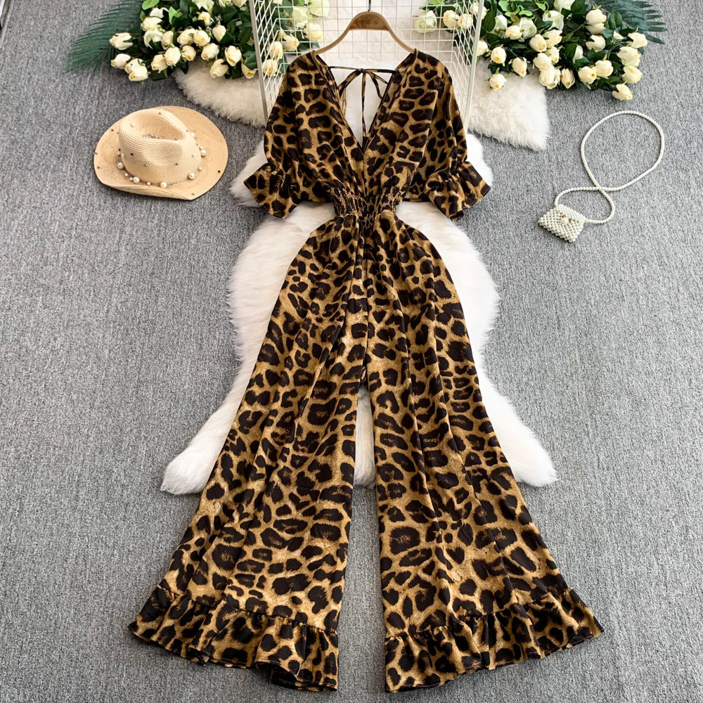 Women's Summer V-Neck Leopard Print Lace-Up Jumpsuit Short Sleeve Loose Fit Playsuit Overalls with Elegant Ruffle Detail