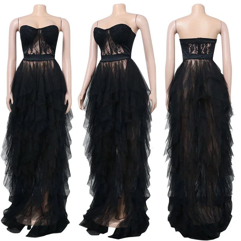 Cascading Ruffles Strapless Lace Maxi Dress Evening Gown