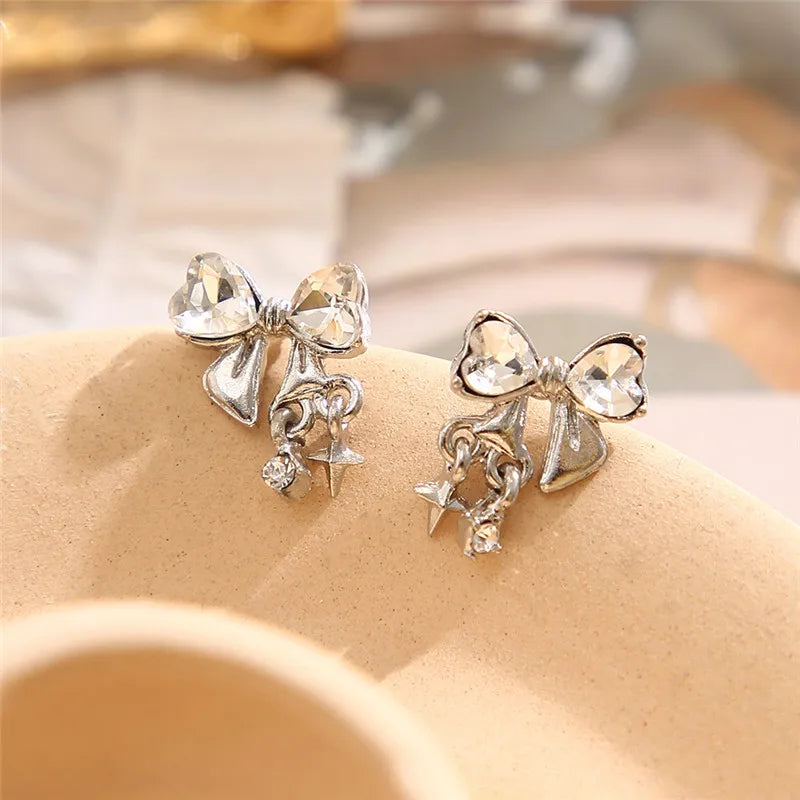 Y2K Bowknot Zircon Stud Earrings for Women with Pink Crystals in Silver Color Fashion Jewelry
