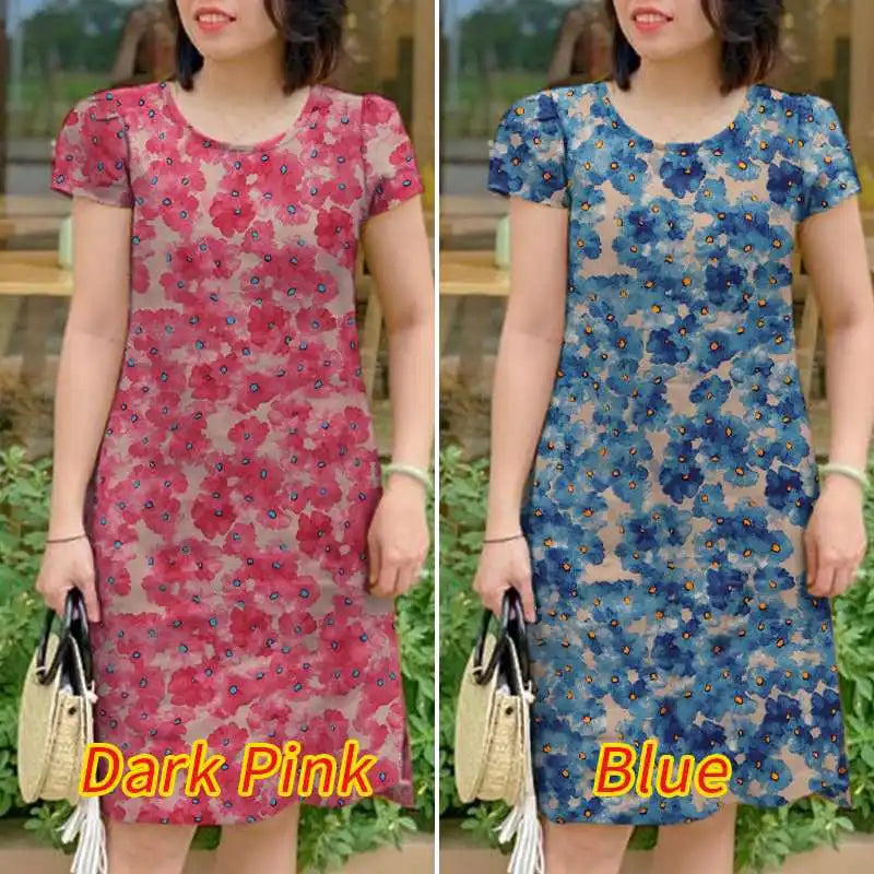 Floral Boho Knee Length Dress With Short Sleeves Blue