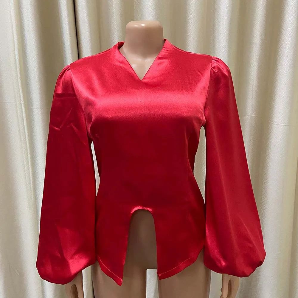 Elegant Satin V Neck Office Blouse for Women Full Sleeve Front Split Luxury Party and Dinner Shirt